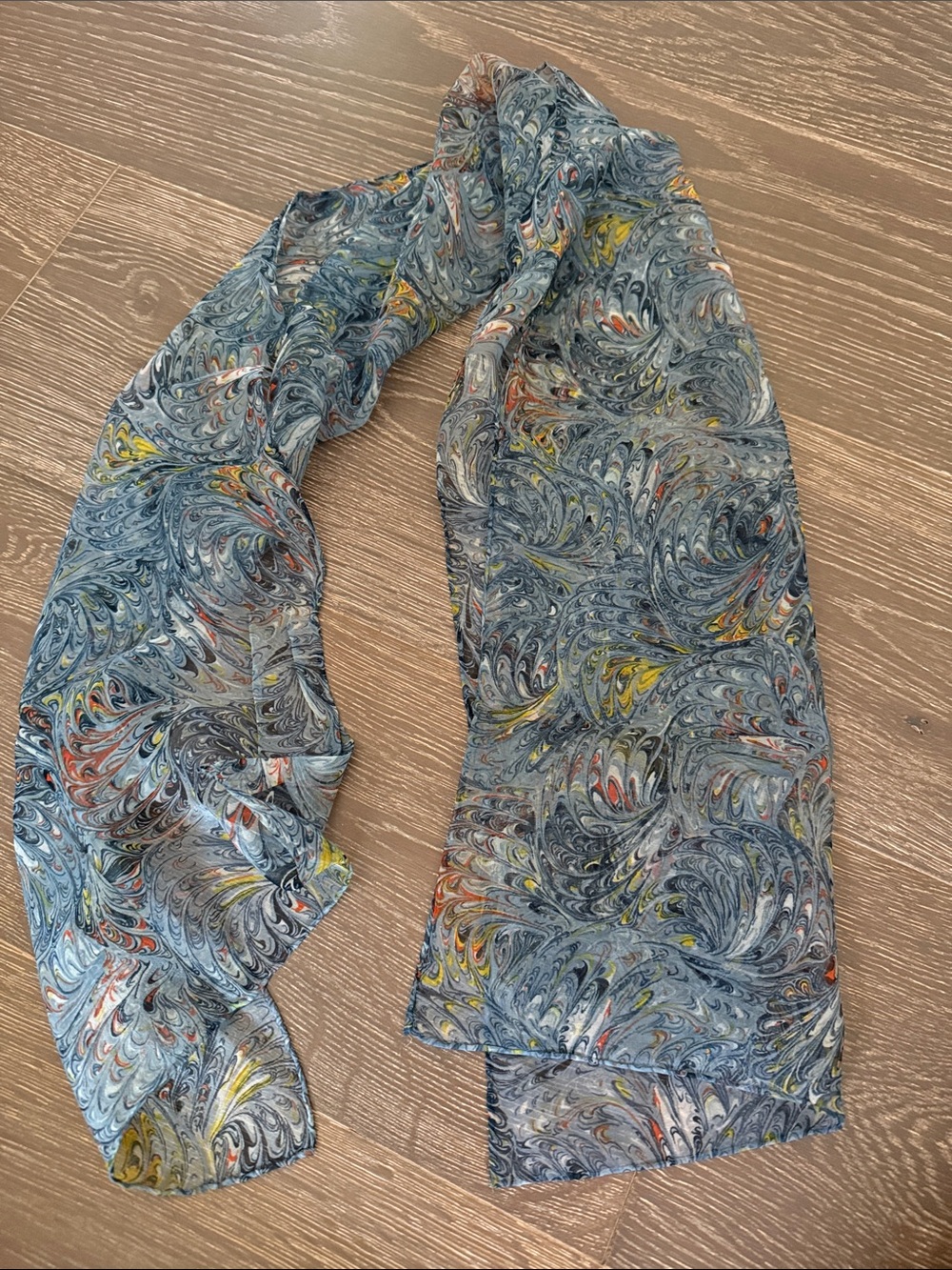 Vintage Burmel Light Blue Marbled Print Women’s Silk Scarf 12”48”